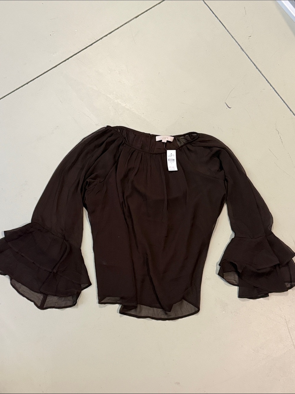 LOFT Brown Sheer Ruffle-Sleeve Blouse